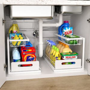 2 tier pull out under sink organizer – white, 2 pack