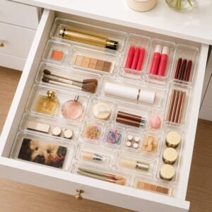 25 piece clear drawer organizer set with non slip pads