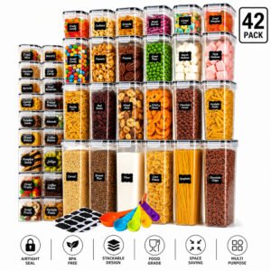 42-piece airtight food storage container set with clear stackable containers and locking lids for organizing cereal, pasta, flour, snacks, grains and pantry essentials.